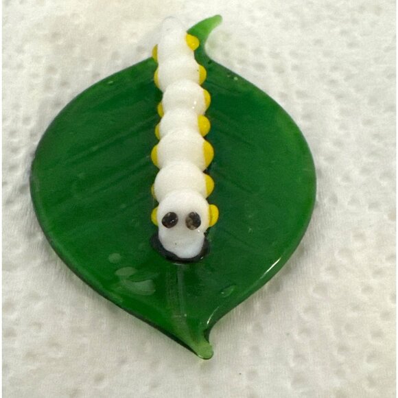 Vintage Mini Murano Art Glass Caterpillar On Leaf - Picture 1 of 5